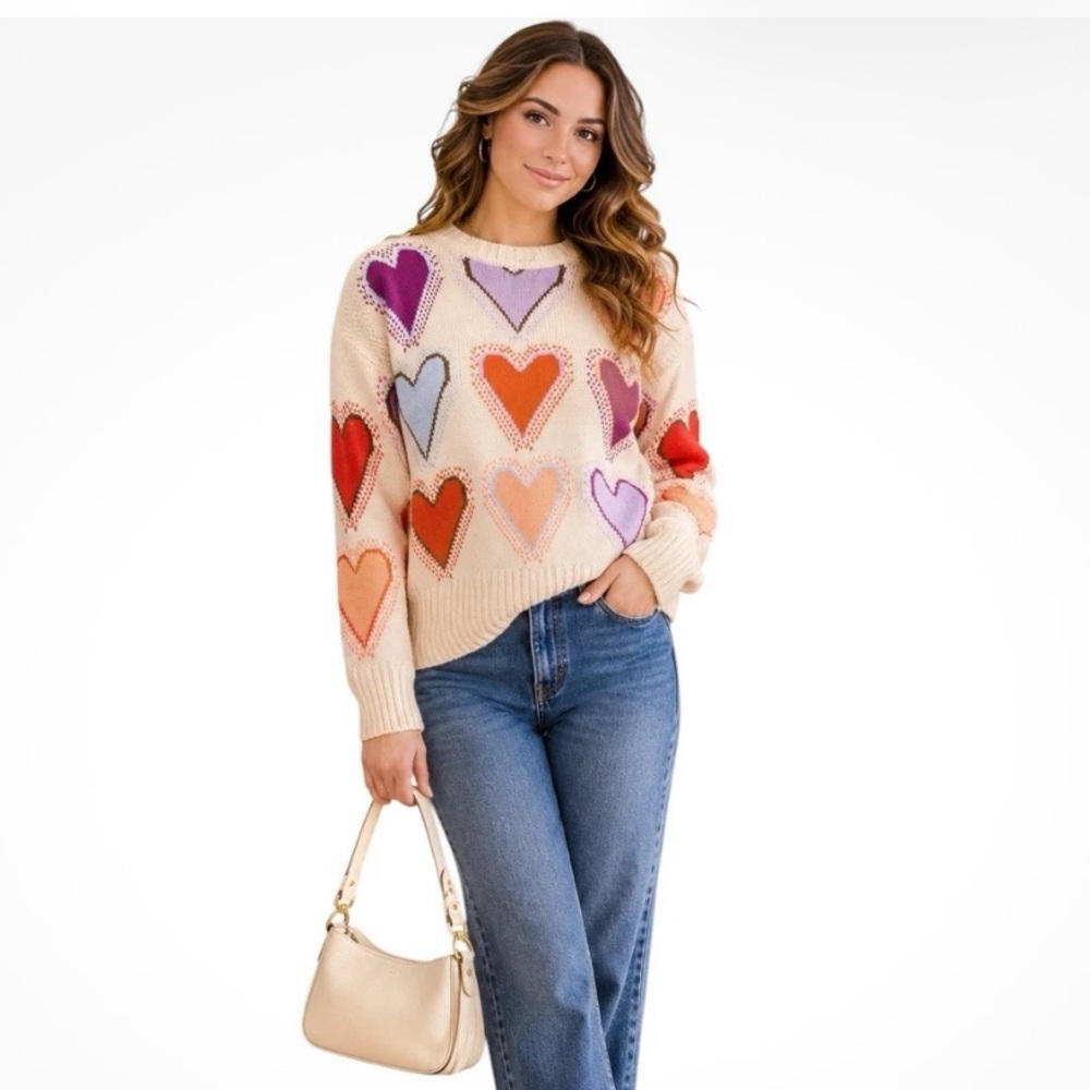 Vigoss Hearts Sweater Cream Boho Knit Colorful Valentine Pullover Top Women M